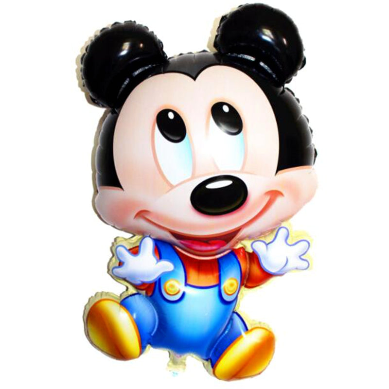 Large inflated baby Mickey Mouse foil balloon attached to a stick with ribbon