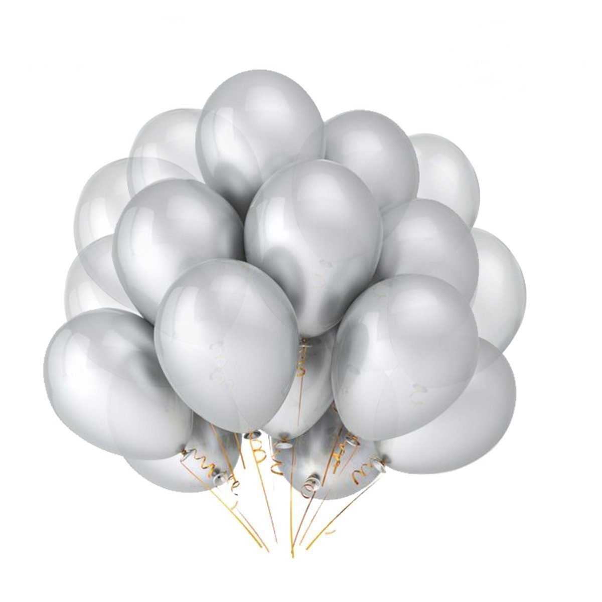 A bunch of 2 dozen metallic silver helium-filled latex balloons floating against a white background