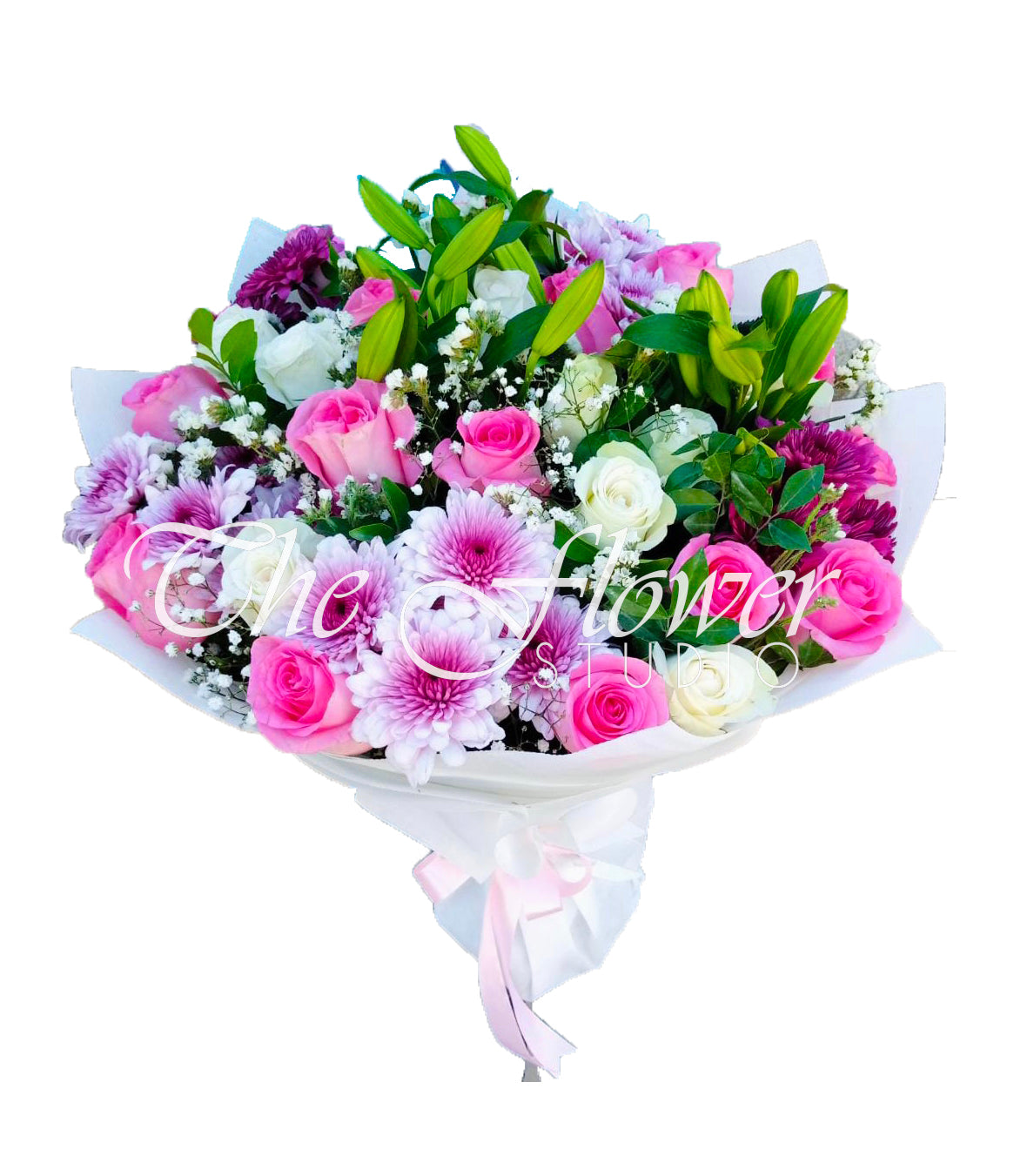 A hand-tied flower bouquet wrapped in a white sheet and pink ribbon featuring imported roses, lilies, tuberoses, chrysanthemums and baby’s breath