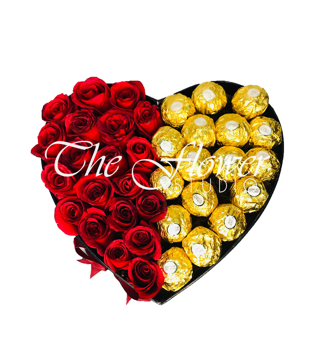 Heart-shaped gift box with imported red roses and Ferrero Rocher chocolates.