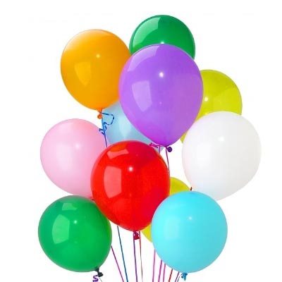 Bunch of 2 dozen multicolor helium-filled latex balloons on a white background