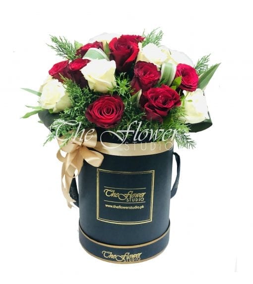 red and white hatbox with flowers